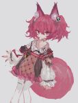  1girl animal_ear_fluff animal_ears arknights black_choker black_ribbon burnt_clothes choker closed_mouth fox_ears fox_girl fox_tail grey_background hair_ornament highres looking_at_viewer pantyhose pink_hair reitoubeef ribbon ribbon_choker shamare_(arknights) simple_background sketch solo tail torn_clothes twintails white_pantyhose 