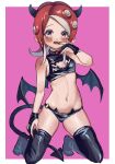  1girl black_thighhighs blush breasts cat_ear_panties crying demon_horns demon_tail demon_wings fake_horns fake_tail fake_wings finger_in_own_mouth full_body gloves highres horns long_hair looking_at_viewer medium_hair mouth_pull navel octoling octoling_girl open_mouth panties red_eyes red_hair shiny_clothes shousan_(hno3syo) solo splatoon_(series) splatoon_2 tail thighhighs underwear wings 