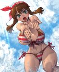  1girl amania_orz bikini blue_eyes blue_sky breasts brown_hair cleavage cloud cloudy_sky cowboy_shot dated day large_breasts long_hair looking_at_viewer may_(pokemon) navel open_mouth outdoors pokemon pokemon_(game) pokemon_rse sky smile splashing striped striped_bikini swimsuit twitter_username water 