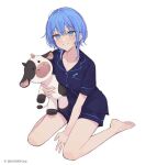  1girl barefoot between_legs blue_eyes blue_hair blue_pajamas blue_pants blue_shirt blush collarbone copyright_name grin hair_between_eyes hair_intakes hand_between_legs holding holding_stuffed_toy hololive hoshimachi_suisei looking_at_viewer pajamas pants shirt short_hair short_sleeves simple_background sitting sleepwear smile stuffed_animal stuffed_cow stuffed_toy toes tsukino_(nakajimaseiki) virtual_youtuber wariza white_background 