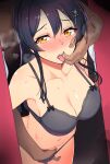  1boy 1girl black_bra black_hair black_panties blush bra breasts breath cleavage dark-skinned_male dark_skin finger_in_another&#039;s_mouth fingering gloves hair_between_eyes hair_ornament hetero kantai_collection large_breasts long_hair looking_at_viewer nose_blush open_mouth oyashio_(kancolle) panties saliva taketora_suzume tears tongue tongue_out underwear underwear_only white_gloves 