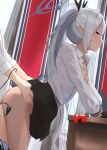  1boy 1girl ass black_gloves blue_archive blush breasts clothed_sex clothes_lift clothes_pull collared_shirt dark-skinned_female dark_skin demon_tail desk from_side gloves grey_hair halo hetero highres iori_(blue_archive) leaning_on_table long_hair long_sleeves mintchoco_(minchothudong) on_desk open_clothes open_shirt pants pants_pull pointy_ears red_eyes ribbon sex sex_from_behind shirt skirt skirt_lift skirt_pull small_breasts solo_focus standing standing_sex sweat tail torso_grab twintails very_long_hair white_shirt 