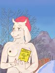  anthro beret book bovid breasts brown_eyes caprine clear_sky clothing deltarune female french french_text goat hat headgear headwear hi_res horn hrisaura ice mammal mountain nails plant post-impressionism solo text toriel tree undertale undertale_(series) winter 