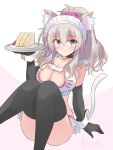  1girl alternate_costume animal_ears bikini black_gloves black_thighhighs blue_eyes breasts cat_cutout cat_ears cat_tail cleavage clothing_cutout convenient_leg elbow_gloves food gloves grey_hair hair_ornament hair_scrunchie kantai_collection kashima_(kancolle) large_breasts maid_headdress one-hour_drawing_challenge ponytail sandwich scrunchie shizuna_kaede sidelocks solo swimsuit tail thighhighs tray waitress wavy_hair white_background white_bikini wrist_cuffs 