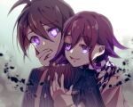  2boys :d ahoge brown_hair checkered_clothes checkered_scarf chinsha_(g0_mennasa1) danganronpa_(series) danganronpa_v3:_killing_harmony glowing glowing_eyes grey_background hair_between_eyes hand_in_another&#039;s_mouth jacket male_focus multiple_boys oma_kokichi open_mouth pointy_ears purple_eyes saihara_shuichi scarf smile striped striped_jacket two-tone_background upper_body white_background 