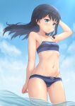  1girl absurdres alice_gear_aegis arm_at_side arm_behind_head arm_up bare_arms bare_shoulders bikini black_hair blue_bikini blue_eyes blue_sky breasts closed_mouth cloud collarbone cowboy_shot day floating_hair highres hutokumi koashi_mutsumi light_blush long_hair looking_at_viewer navel outdoors sky small_breasts smile solo standing striped striped_bikini swimsuit wading water 