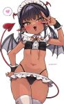  1girl :3 bikini bikini_bottom_only black_bikini black_hair blush breasts cowboy_shot crop_top dark-skinned_female dark_skin demon_girl demon_tail demon_wings earrings head_wings heart highleg highleg_bikini highres jewelry long_hair looking_at_viewer maid_bikini maid_headdress microskirt navel open_mouth original pointy_ears simple_background skindentation skirt slit_pupils small_breasts smile smug solo spoken_heart swimsuit tail thigh_gap thighhighs trente twintails v_over_eye white_background white_thighhighs wings wrist_cuffs yellow_eyes 