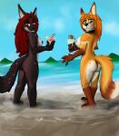  2023 ambiguous_gender anthro autumn_(praexon) beach breasts butt canid canine dalia_(uwo5) digital_drawing_(artwork) digital_media_(artwork) duo female fox fur green_eyes hi_res imminent_vore looking_at_viewer mammal mouse murid murine nipples nude outside red_eyes rodent sea seaside shaded size_difference tropical_beverage uwo5 water 
