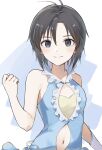  1girl antenna_hair bandeau bare_shoulders black_eyes black_hair blue_background blue_shirt blush breasts cleavage_cutout clenched_hand closed_mouth clothing_cutout commentary elbow_gloves frilled_shirt frills gloves hair_between_eyes hand_up idolmaster idolmaster_(classic) idolmaster_2 kikuchi_makoto light_blush light_smile long_bangs looking_at_viewer mogskg navel shirt short_hair single_glove sleeveless sleeveless_shirt small_breasts smile solo stomach_cutout upper_body white_background white_gloves yellow_bandeau 