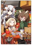  3girls ahoge arknights blonde_hair blush border bottle bowl bowl_stack box brand_name_imitation brown_eyes brown_hair cardboard_box chair character_doll chibi chicken_nuggets closed_eyes cloud commentary condiment_packet cooking_pot counter cup demon_girl demon_horns disposable_cup disposable_cup_holder dress drink drinking_straw fast_food feather_hair food french_fries frying_pan glass green_sweater grey_dress grey_hair hair_between_eyes highres holding holding_drink holding_food horns ifrit_(arknights) indoors kado_(hametunoasioto) ketchup long_hair looking_at_another looking_down looking_up mcdonald&#039;s multiple_girls owl_girl parted_bangs saria_(arknights) sauce short_twintails silence_(arknights) sitting smile spray_bottle sunset sweater table twintails upper_body wallet wcdonald&#039;s wind yoru_mac 