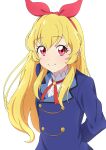  1girl aikatsu! aikatsu!_(series) arms_behind_back blonde_hair blue_jacket bow closed_mouth commentary_request crust_gm0 hair_between_eyes hair_bow hairband highres hoshimiya_ichigo jacket long_hair long_sleeves looking_at_viewer neck_ribbon red_bow red_eyes red_hairband red_ribbon ribbon school_uniform shirt simple_background smile solo starlight_academy_school_uniform upper_body white_background white_shirt 