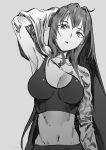 1girl arm_at_side arm_up artist_name breasts cleavage clothes_lift fate/grand_order fate_(series) greyscale groin hair_intakes highres hu_tu large_breasts long_hair long_sleeves looking_at_viewer midriff monochrome navel parted_lips scathach_(fate) shirt shirt_lift solo sports_bra upper_body watermark 