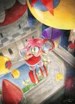  1girl amy_rose balloon boots castle dated dress finik gloves green_eyes highres holding holding_balloon open_mouth outdoors red_dress signature solo sonic_(series) white_gloves 