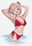  1girl ;d absurdres armpits arms_up bikini blonde_hair breasts cowboy_shot highres large_breasts lycoris_recoil navel nishikigi_chisato one_eye_closed open_mouth red_bikini red_eyes short_hair smile solo sooon stomach swimsuit wading water 