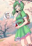  absurdres alternate_costume backpack bag belt cherry_blossoms drink fire_emblem fire_emblem_fates glasses green_hair hair_bun highres holding holding_drink igni_tion kana_(female)_(fire_emblem) kana_(fire_emblem) midori_(fire_emblem) outdoors purple_eyes short_twintails siblings sisters talking_on_phone twintails 