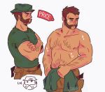  1boy abcisok arm_hair averting_eyes bara beard blush call_of_duty captain_price chest_hair crossed_arms dark-skinned_male dark_skin doodle_inset facial_hair feet_out_of_frame frown goatee_stubble hairy highres large_pectorals looking_ahead male_focus mature_male multiple_views muscular muscular_male mustache mutton_chops navel_hair nipples pants pectorals plump shirt short_hair sweatdrop t-shirt thick_eyebrows topless_male 