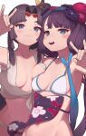  2girls bikini black_hair blue_eyes circlet fate/grand_order fate_(series) fox_shadow_puppet fundoshi goggles goggles_on_head hair_ornament highres japanese_clothes katsushika_hokusai_(fate) katsushika_hokusai_(swimsuit_saber)_(fate) long_hair looking_at_viewer multiple_girls navel obi purple_hair sash side_ponytail sidelocks simple_background smile swimsuit ushiwakamaru_(chaldea_lifesavers)_(fate) ushiwakamaru_(fate) wanawanya white_background white_bikini 