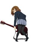  1girl back blazer brown_eyes brown_hair electric_guitar gibson gibson_les_paul guitar hair_ornament hairclip highres hirasawa_yui horiguchi_yukiko instrument jacket k-on! leaning official_art pantyhose sakuragaoka_high_school_uniform school_uniform short_hair skirt solo transparent_background 