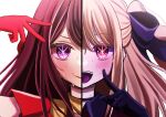  2girls :d absurdres black_choker black_gloves blonde_hair blush choker closed_mouth commentary gloves hair_between_eyes hand_up highres hoshino_ai&#039;s_pose hoshino_ai_(oshi_no_ko) hoshino_ruby idol idol_clothes light_particles long_hair looking_at_viewer mother_and_daughter multiple_girls one_side_up open_mouth oshi_no_ko pink_eyes pink_gloves pointing pointing_at_self portrait purple_eyes purple_hair shadow sidelocks simple_background smile split_theme star-shaped_pupils star_(symbol) sweat symbol-shaped_pupils teeth turtleneck upper_teeth_only user_ewdk5585 v white_background 