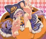  1girl animal_hood barefoot bell blunt_bangs blush bow bowtie closed_mouth commission eyelashes feet feet_up foot_focus foreshortening full_body fur_trim hand_up highres hood hood_up kyouka_(princess_connect!) legs long_hair looking_at_viewer nail_polish neck_bell orange_nails patterned_background princess_connect! purple_hair purple_nails skeb_commission soles solo spread_toes toenail_polish toenails toes ushiki_yoshitaka very_long_hair wide_sleeves yellow_bow yellow_eyes 