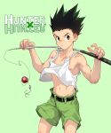  1boy absurdres beitemian belt black_belt blush brown_eyes closed_mouth copyright_name fishing_rod gon_freecss green_background green_hair green_shorts highres holding holding_fishing_rod hunter_x_hunter male_focus navel nipples short_hair shorts simple_background solo spiked_hair tank_top white_tank_top 