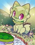  animal animal_focus character_name closed_mouth commentary cupidcry flower grass highres lotad no_humans outdoors pink_eyes pokedex_number pokemon pokemon_(creature) sitting sprigatito symbol-only_commentary 