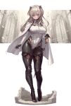  1girl black_footwear black_gloves black_pants blue_eyes boots breasts cape closed_mouth full_body gloves grey_hair headgear highres large_breasts looking_at_viewer original pants simple_background solo standing suzuno_(bookshelf) sword thigh_boots weapon white_background white_cape 