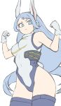  1girl :i absurdres animal_ears blue_eyes blue_hair boku_no_hero_academia clenched_hands cosplay covered_navel crescent_print fake_tail fengling_(furin-jp) fur_collar gloves hadou_nejire hands_up highleg highleg_leotard highres leotard long_hair mirko mirko_(cosplay) rabbit_ears rabbit_tail simple_background sleeveless sleeveless_turtleneck sleeveless_turtleneck_leotard solo superhero tail taut_leotard turtleneck turtleneck_leotard white_background white_gloves white_leotard 