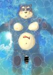  2023 absurd_res anthro bear belly big_belly blush censored condom filled_condom genitals hachirouta hi_res kemono lying male mammal moobs navel overweight overweight_male penis sexual_barrier_device solo water 