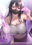  1girl arm_support bare_shoulders black_hair black_mask black_skirt blurry blurry_foreground breasts chiro_(norishiro_michiro) cleavage collarbone commentary_request controller cowboy_shot grey_camisole hair_between_eyes highres holding holding_controller keyboard_(computer) large_breasts long_hair mask microphone midriff mouth_mask navel original pleated_skirt purple_eyes see-through sidelocks skirt solo spaghetti_strap very_long_hair 
