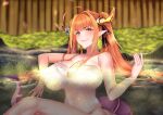  1girl absurdres ahoge breasts camisole cleavage dragon_girl dragon_horns dragon_tail fang highres hololive horns huge_breasts kiryu_coco nyctea_snow onsen orange_eyes orange_hair partially_submerged pointy_ears purple_eyes skin_fang smile steam tail twintails virtual_youtuber water 