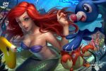  1girl air_bubble ariel_(disney) artist_logo artist_name blue_eyes bubble coral corphish crossover fish logan_cure long_hair luvdisc mermaid monster_girl patreon_logo patreon_username pokemon pokemon_(creature) popplio red_hair shell shell_bikini teeth the_little_mermaid underwater watermark 