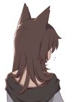  1girl animal_ears blush brown_hair flying_sweatdrops from_behind imaizumi_kagerou long_hair simple_background solo touhou upper_body white_background wolf_ears wolf_girl wool_(miwol) 