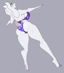  2023 2_horns anthro big_breasts bikini biped blue_bikini blue_clothing blue_swimwear boss_monster bovid breasts butt caprine clothed clothing eyebrows female floppy_ears goat hi_res hooves horn jrvanesbroek looking_up mammal mature_female nipple_outline open_mouth pink_nose rear_view scut_tail short_tail simple_background solo swimwear t-pose tail teeth toriel undertale undertale_(series) unguligrade white_body 