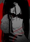  1boy 1girl black_hair daan_(fear_&amp;_hunger) fear_&amp;_hunger fear_&amp;_hunger_2:_termina highres kocho_15 long_hair looking_at_another looking_down looking_up parted_lips partially_colored red_background red_eyes staring stitches stitches_(fear_&amp;_hunger) string twitter_username wide-eyed 