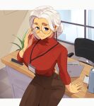  1girl artist_name blue_eyes blush breasts glasses highres june_(squeezable) large_breasts long_hair looking_at_viewer mole mole_under_eye nail_polish office_lady original round_eyewear smile solo squeezable_(artist) thick_eyebrows white_hair white_nails yellow-framed_eyewear 