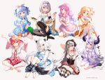  6+girls :d :o ahoge animal_ears argyle argyle_legwear arm_behind_head arm_up bare_shoulders black_hairband black_skirt black_thighhighs blonde_hair blue_capelet blue_dress blue_eyes blue_hair blue_ribbon blue_socks book breasts candy_hair_ornament capelet cleavage closed_mouth collarbone commentary_request demon_horns dress flower food-themed_hair_ornament fox_ears fox_girl fox_tail frilled_capelet frilled_dress frilled_skirt frills fujima_takuya gradient_hair green_eyes grey_background grey_hair hair_between_eyes hair_flower hair_intakes hair_ornament hair_ribbon hairband hairclip heterochromia highres himemori_luna holding holding_book hololive horns knees_up la+_darknesss large_breasts long_sleeves loungewear medium_breasts momosuzu_nene multicolored_hair multiple_girls no_shoes official_art open_book pink_hair print_socks puffy_long_sleeves puffy_short_sleeves puffy_sleeves purple_eyes purple_hair purple_socks rabbit_ears rabbit_hair_ornament red_eyes red_hair ribbon ribbon-trimmed_sleeves ribbon_trim rose sakamata_chloe sakura_miko shirakami_fubuki shirogane_noel shirt short_sleeves simple_background sitting skirt sleeves_past_fingers sleeves_past_wrists smile socks star_(symbol) star_print streaked_hair striped striped_socks tail thighhighs two_side_up usada_pekora virtual_youtuber white_dress white_flower white_hair white_rose white_shirt white_socks wide_sleeves x_hair_ornament yellow_eyes yellow_skirt yokozuwari 