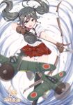  1girl aircraft airplane arrow_(projectile) bow_(weapon) brown_gloves dark_green_hair dated gloves green_eyes hair_ribbon hakama hakama_short_skirt hakama_skirt highres holding holding_arrow holding_bow_(weapon) holding_weapon japanese_clothes kantai_collection ld_(luna_dial398) long_hair open_mouth panties red_hakama ribbon round_teeth skirt solo standing tasuki teeth twintails underwear upper_teeth_only weapon white_panties white_ribbon zuikaku_(kancolle) 