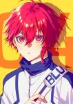  1boy blue_jacket blue_lock braid highres jacket kurona_ranze looking_at_viewer male_focus multicolored_clothes multicolored_jacket parted_lips red_eyes red_hair short_hair side_braid single_braid solo tsukky two-tone_jacket upper_body white_jacket yellow_background 