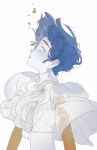  1other androgynous ascot blue_hair collared_shirt colored_skin crying crying_with_eyes_open floating_clothes floating_hair gold golden_arms high_collar highres houseki_no_kuni liquid minmim molten_metal moon_uniform_(houseki_no_kuni) other_focus parted_lips phosphophyllite phosphophyllite_(ll) see-through see-through_sleeves shirt short_hair simple_background solo tears upper_body white_ascot white_background white_shirt white_skin wide_sleeves wing_collar 