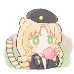  1girl animal_ears arknights blonde_hair chibi cotton_candy green_eyes hat kuafunvkai long_hair solo sparkle sparkling_eyes swire_(arknights) swirl tiger_ears tiger_girl tiger_tails tug upper_body 