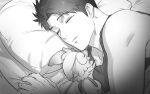  1boy asahi_(norn&#039;s_dine) bara bed closed_eyes closed_mouth greyscale haiki_(tegusu) highres lying male_focus monochrome murmur_(norn&#039;s_dine) muscular muscular_male norn&#039;s_dine on_bed on_side pillow short_hair sleeping tank_top 