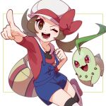  1girl ;d bag blue_overalls bow brown_eyes brown_hair cabbie_hat chikorita hat hat_bow highres leg_up looking_at_viewer lyra_(pokemon) omochi_(omotimotittona3) one_eye_closed open_mouth overalls pokemon pokemon_(creature) pokemon_(game) pokemon_hgss red_bow red_shirt shirt shoulder_bag smile solo teeth thighhighs twintails white_headwear yellow_bag 