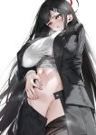  1girl absurdres black_hair black_jacket blazer blue_archive blush breasts breath clothes_pull commentary_request groin halo hand_on_own_stomach highres huge_breasts jacket long_hair long_sleeves looking_down navel open_clothes open_jacket open_skirt pleated_skirt poharo red_eyes rio_(blue_archive) shirt simple_background skirt skirt_pull solo straight_hair very_long_hair white_background white_shirt 