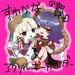  2girls blonde_hair chibi highres looking_at_viewer moriya_suwako multiple_girls pink_background purple_hair red_eyes red_nails touhou whoru yasaka_kanako 