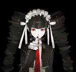  1girl black_background black_hair black_jacket black_nails celestia_ludenberg closed_mouth cropped_jacket danganronpa:_trigger_happy_havoc danganronpa_(series) earrings frilled_jacket frills hand_up highres jacket jewelry long_hair long_sleeves looking_at_viewer mota_(motaberrie) necktie print_necktie red_eyes red_necktie simple_background smile solo twintails upper_body 