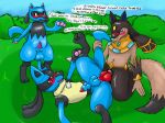  anal anal_penetration animal_genitalia animal_penis anthro anubis_(palworld) balls blush canine_genitalia canine_penis dialogue english_text generation_4_pokemon genitals group half-erect hi_res knot knot_in_sheath lucario male male/male nintendo penetration penis penis_tip pokemon pokemon_(species) riolu sex sheath tail tail_grab text trio vulnec 
