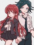  1boy 1girl 30en_(esx5g) :o ahoge black_hair black_jacket black_necktie black_skirt blush_stickers breast_pocket closed_mouth danganronpa/zero danganronpa_(series) highres jacket long_hair long_sleeves looking_at_viewer matsuda_yasuke miniskirt neck_ribbon necktie open_clothes open_jacket otonashi_ryouko parted_bangs pocket red_eyes red_hair red_ribbon ribbon school_uniform shirt_partially_tucked_in shirt_tucked_in skirt smile 