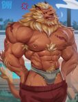  absurd_res anthro bandai_namco biceps cigarette cigarette_in_mouth clothing digimon digimon_(species) ear_piercing felid hi_res leomon lion male mammal mane muscular muscular_anthro muscular_male nipple_piercing nipples object_in_mouth pantherine physen piercing scar solo underwear 