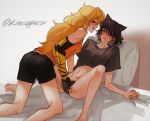  2girls animal_ears barefoot bed black_hair blake_belladonna blonde_hair blush highres mechanical_arms multiple_girls naizo_(kimosugimasu) prosthesis prosthetic_arm pussy_juice rwby single_mechanical_arm yang_xiao_long yuri 